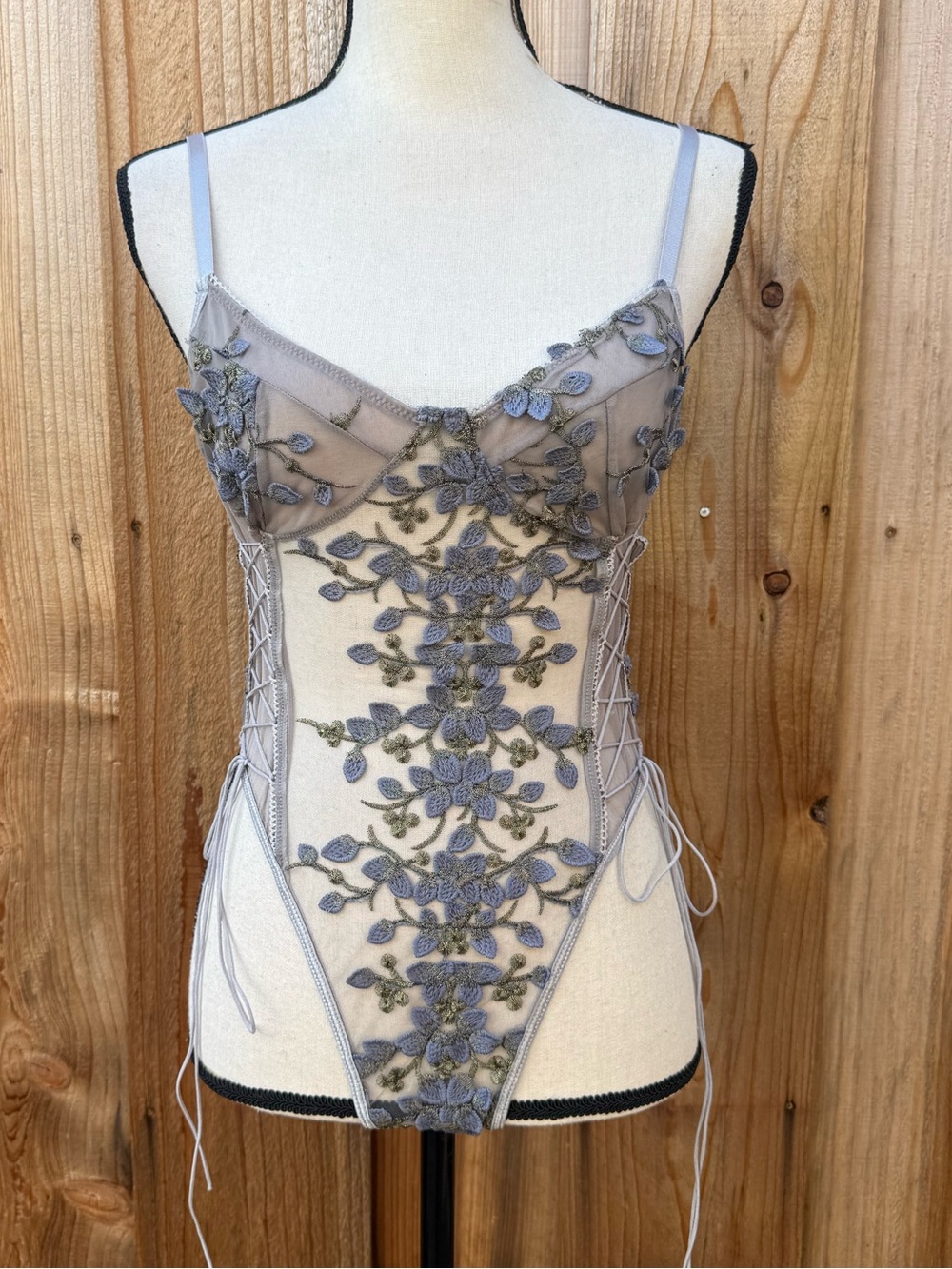 Lace Appliqué Sheer Bodysuit - Gray Floral